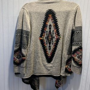 COPY - Cardigan. Tan w black, draping front, accented with multi-color Aztec de…